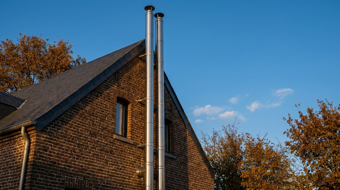 A modern, shiny stainless steel external chimney attached to the brick facade of an older, renovated house, with clear blue sky in the background.