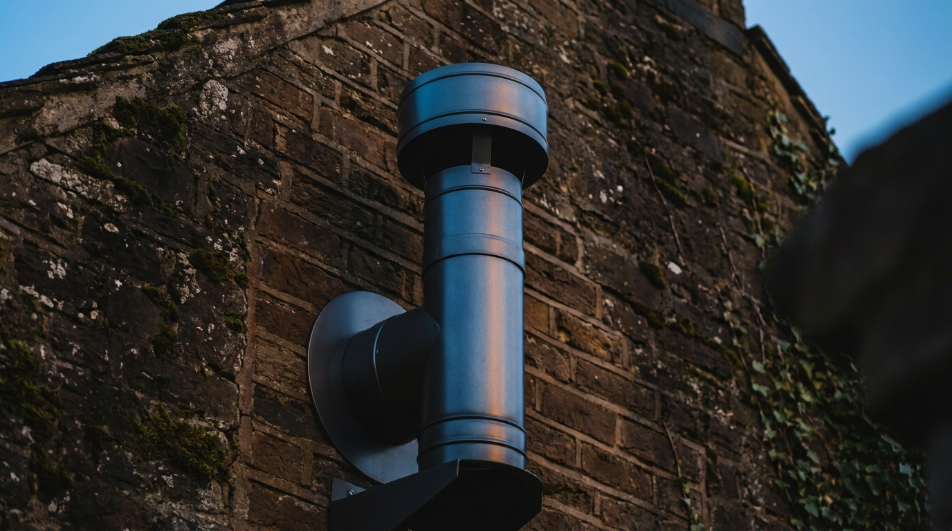 A close-up of a compact, concentric air-flue chimney system for a gas boiler, installed on the exterior wall of a traditional home, showing the vent cap.