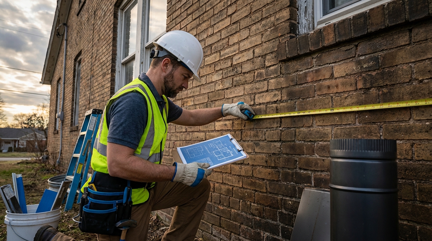 A professional installer in safety gear measuring the exterior wall of an old house, with a clipboard showing cost estimates and chimney blueprints.