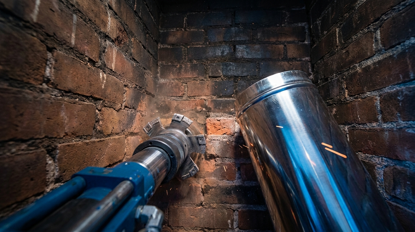 Frezowanie kominów: Kiedy wkład stalowy wystarczy? 4 A specialized chimney milling machine actively enlarging a brick chimney shaft from the inside, with a shiny new steel liner waiting nearby.