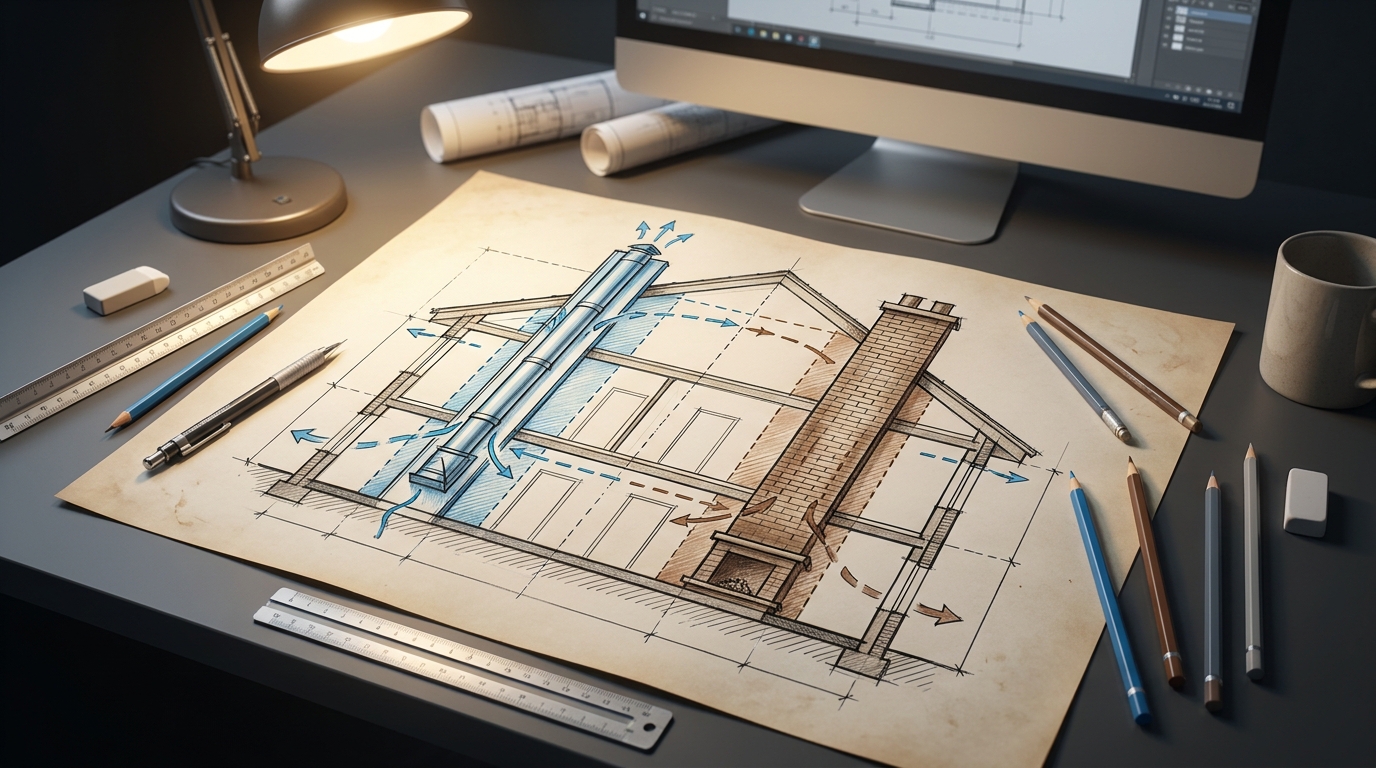 Szkic koncepcyjny infografiki na biurku architekta, pokazujący przekrój budynku z zainstalowanym systemem komina stalowego, z zaznaczonymi strefami bezpieczeństwa i przepływem powietrza.