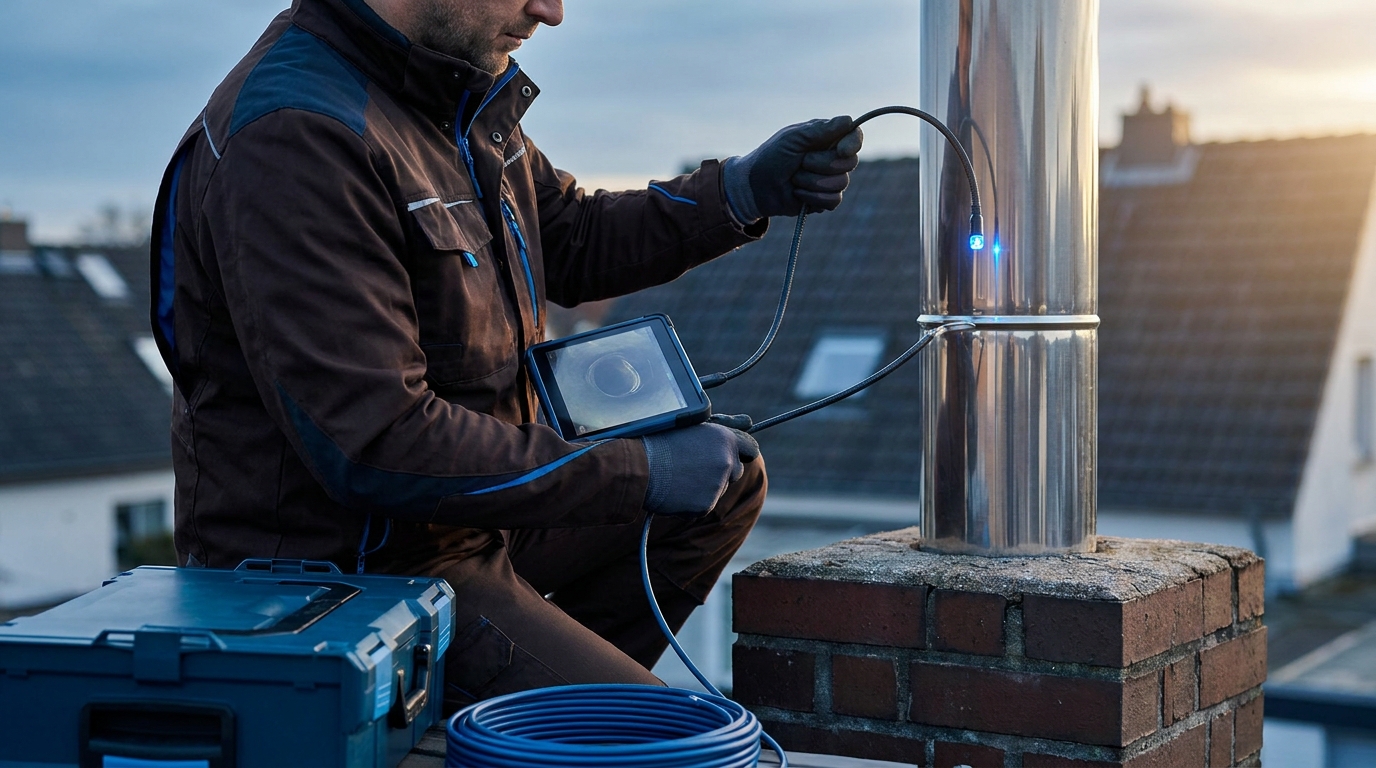 Frezowanie kominów: Kiedy wkład stalowy wystarczy? 5 A professional chimney sweep inspecting a newly installed stainless steel chimney liner using a high-tech diagnostic camera.