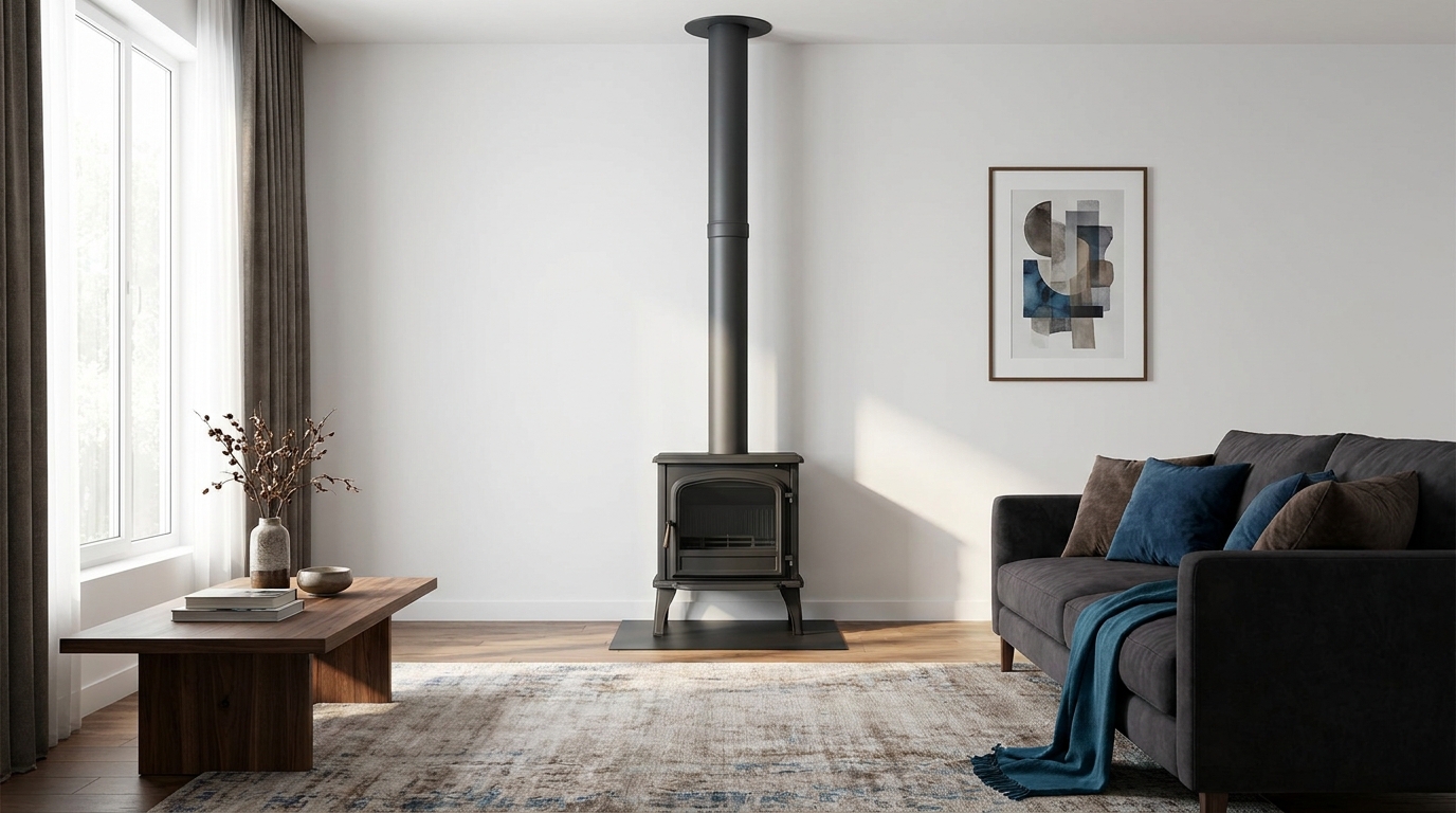 A modern living room with a black freestanding stove connected to a sleek, black Schiedel Permeter chimney pipe against a white wall.