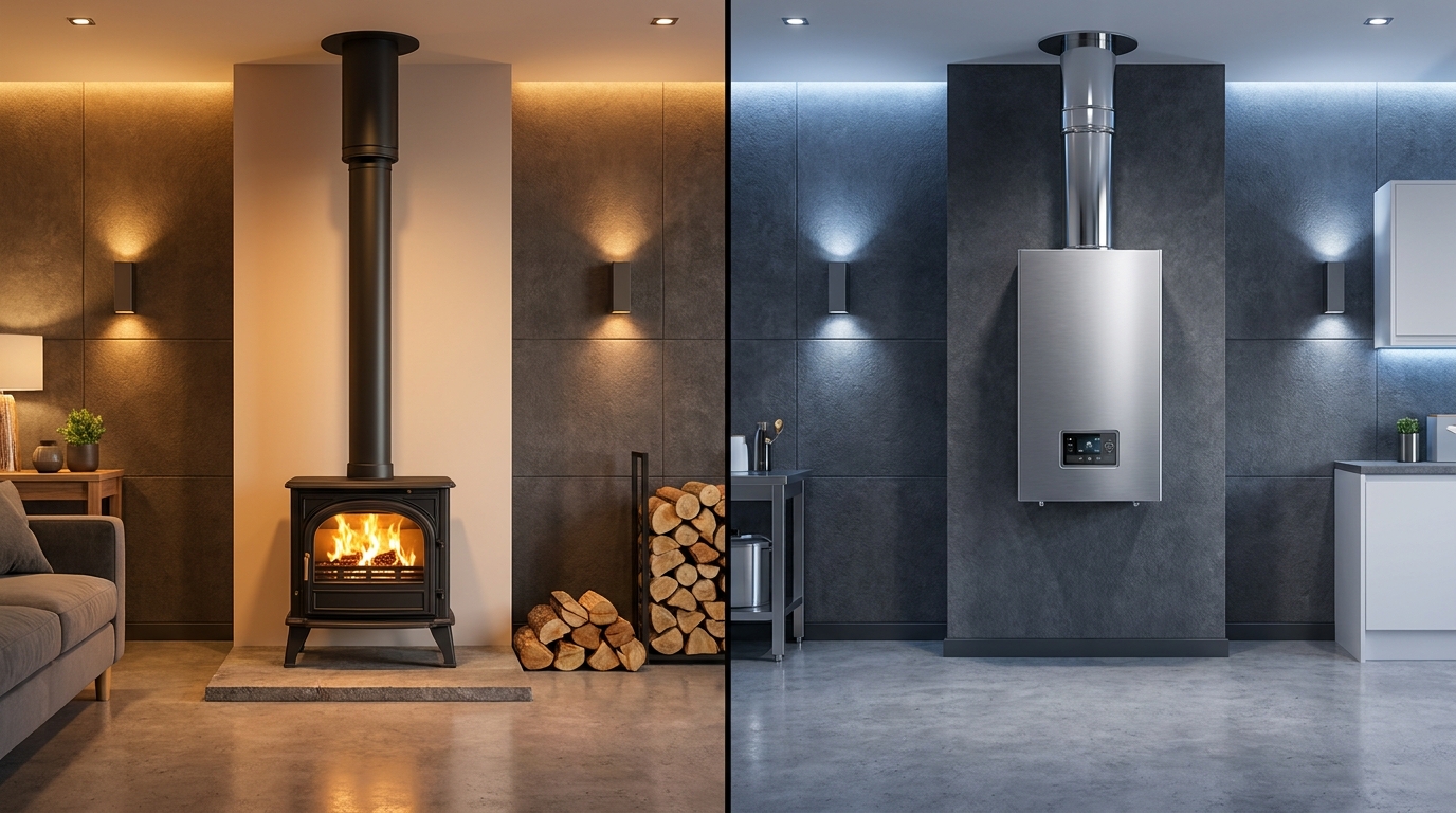 A side-by-side comparison showing a wood-burning stove connected to a Permeter chimney on the left, and a modern gas boiler connected to an ICS chimney on the right.