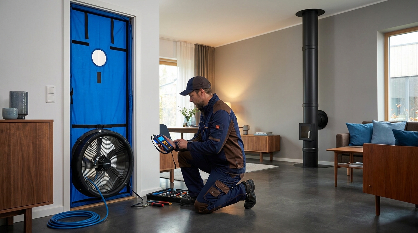 A technician performing a Blower Door Test in a modern home, with a Schiedel Permeter Smooth Air chimney visible in the background.