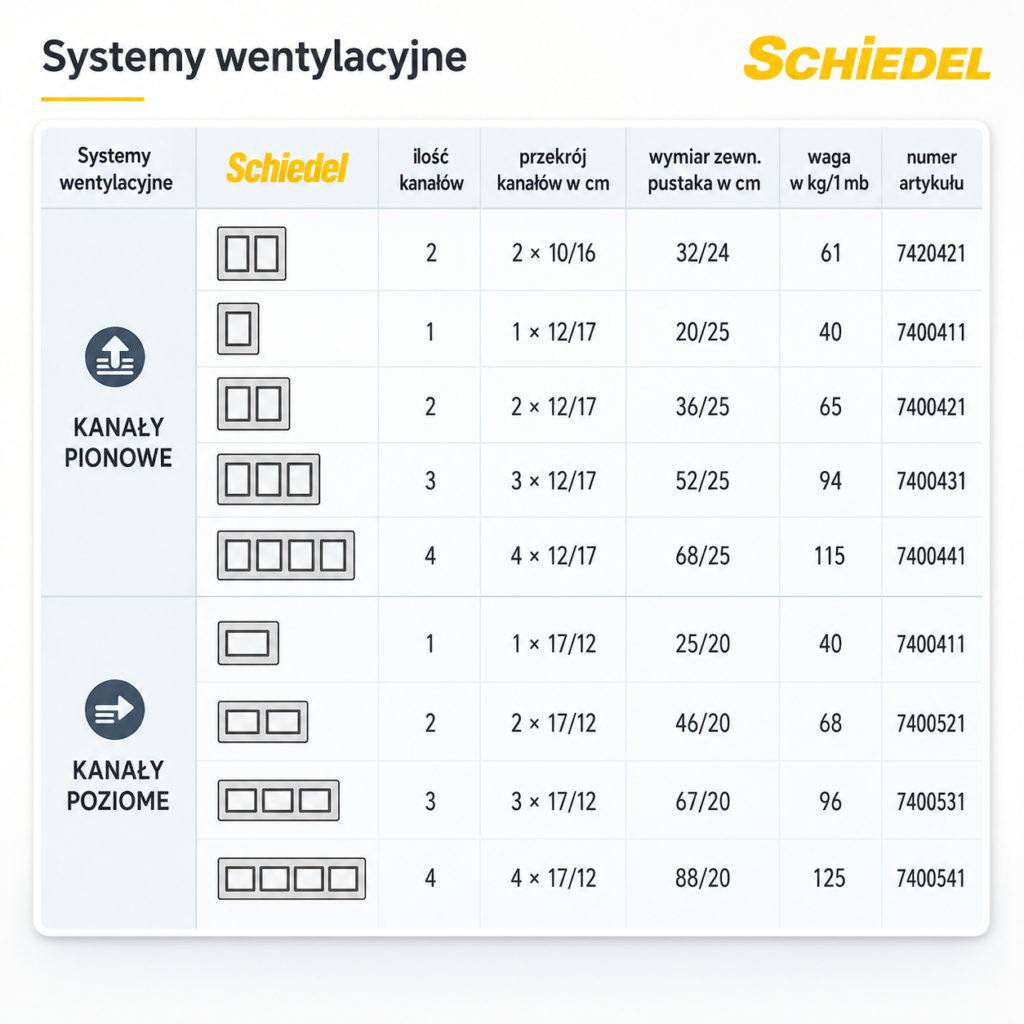 pustak wentylacyjny tabela Pustak wentylacyjny poziomy 2-kanałowy Schiedel W2P 46×20 cm od 4 m