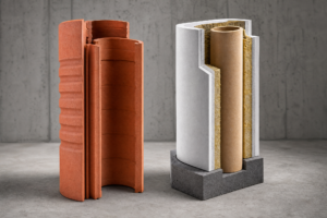 Kadr 3:2 ukazujący porównanie dwóch systemów kominowych: ceramiczny segment z widoczną fakturą ceramiki po lewej i izolowany segment z zewnętrzną obudową po prawej, na neutralnym tle, bez napisów, profesjonalny charakter.