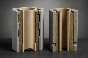 Przekrój porównawczy dwóch systemów kominowych: Schiedel Rondo Plus vs inny ceramiczny system – detal ceramicznej rurki, izolacji i warstw, pokazany w neutralnym studiu.