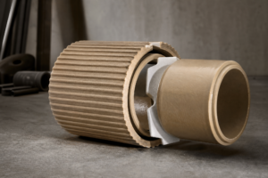 Kadr 3:2 ukazujący realny element systemu kominowego Schiedel Wulkan – ceramiczny kanał z segmentami i szczegółami montażowymi, na neutralnym tle.