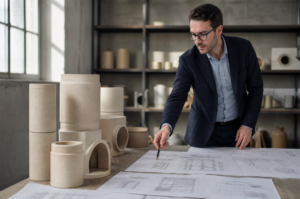 Scena doradztwa kominowego: doradca omawia projekt systemu kominowego przy stole z planami i próbkami ceramicznych segmentów w neutralnym warsztacie.