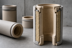 Realistyczne zdjęcie fragmentu ceramicznego systemu kominowego na neutralnym tle, pokazujące detale rury i połączeń—gotowe do odbioru kominiarskiego.