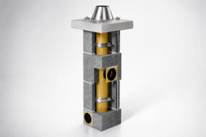 Zbliżenie na system kominowy ceramiczny SCHIEDEL Quadro pro Standard 120 z wentylacją, ukazujące ceramiczną powierzchnię i kanały wentylacyjne, na neutralnym tle.