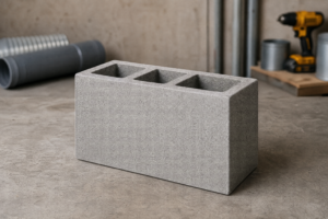 Pustak wentylacyjny 3-kanałowy Schiedel W3 52×25 cm w realistycznym kontekście montażu, widoczny z profilu z trzema kanałami wentylacyjnymi w ceramicznej fakturze.