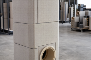 Kadr 3:2 prezentuje fragment ceramicznego systemu kominowego w neutralnym warsztatowo-showroomowym wnętrzu, z widocznymi detalami ceramiki i połączeń między segmentami.