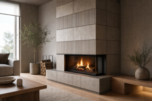 Wnętrze salonu z nowoczesnym kominkiem, widoczny ceramiczny system przewodów kominowych w neutralnej, industrialnej stylistyce.