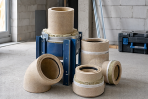 Kadr 3:2 prezentujący fragment systemu kominowego ceramicznego w neutralnym, industrialnym wnętrzu; widoczne detale materiałów i połączeń bez napisów.