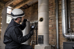 Inspektor kominów bada pionowy komin ceramiczny w kotłowni domu, w spokojnej, technicznej atmosferze otoczonej cegłą, belkami drewnianymi i elementami instalacyjnymi.
