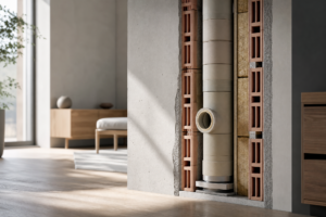 Minimalistyczne wnętrze z ukrytymi w ścianie ceramicznymi elementami systemu kominowego, w neutralnej kolorystyce i wysokiej ostrości detali ceramiki.