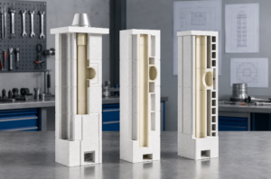 Kadr techniczny w proporcjach 3:2 przedstawiający porównanie trzech systemów kominowych ceramicznych: Rondo Plus, Stabil i Quadro Pro Standard, na neutralnym stole warsztatowym.