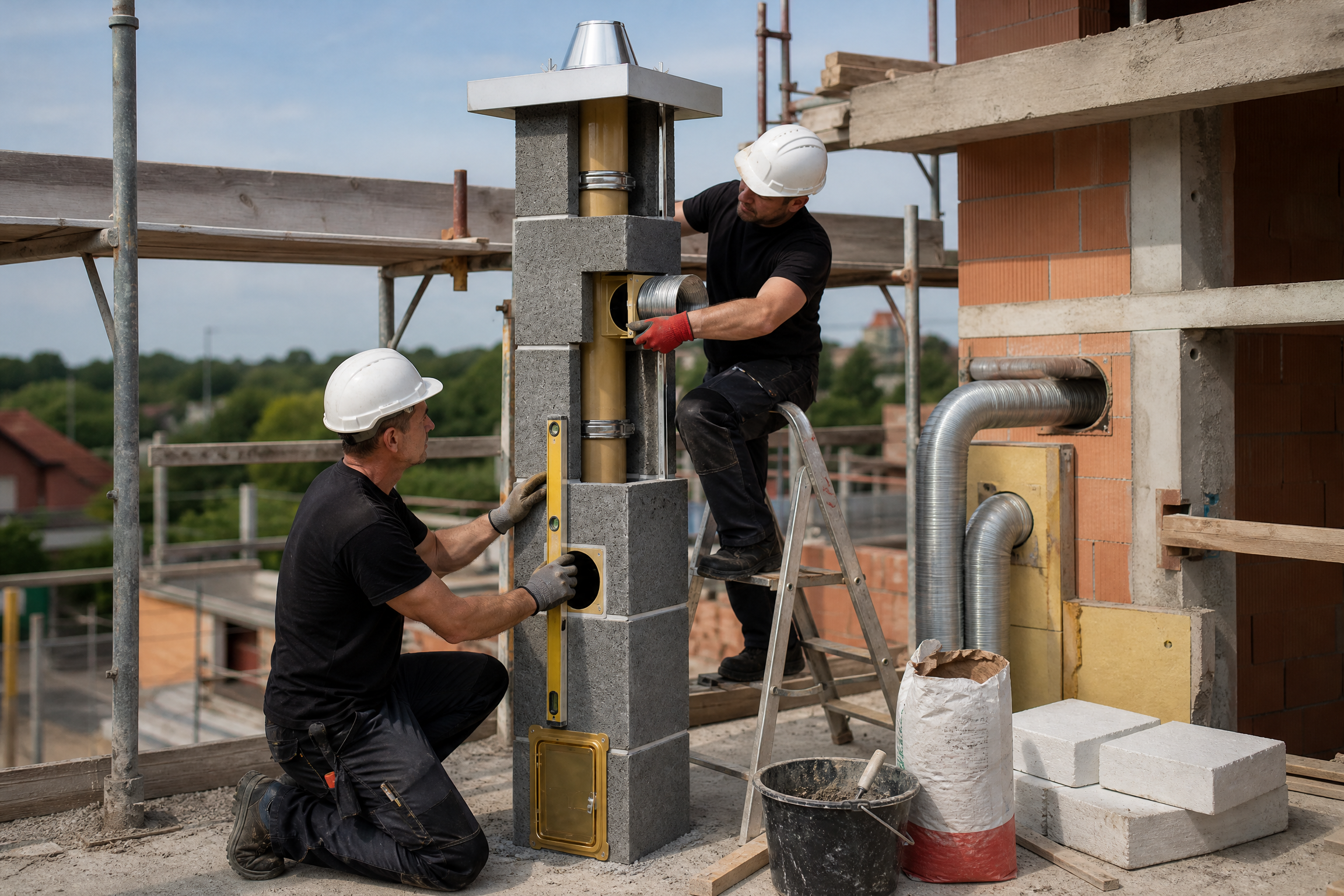 Czy komin Schiedel z wentylacją wpływa na oszczędność energii? 4 Montaż systemu kominowego Schiedel Quadro pro Standard 120 z wentylacją – widok elementów ceramicznych i przewodu wentylacyjnego na placu budowy