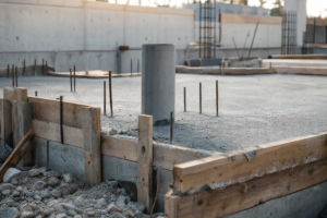 Kadr z placu budowy pokazujący fundament pod komin systemowy: płyta fundamentowa zbrojona, pionowa rura kominowa wystająca z fundamentu, otoczenie szalunkami i kruszywem, neutralne kolory i techniczny charakter.